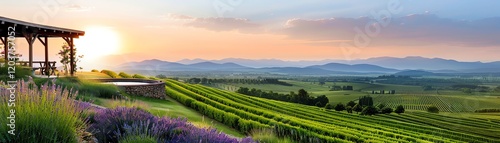 Vintage rural landscaping concept with terraced gardens, blooming rose arches, a wooden gazebo, and a field of lavender stretching to the horizon photo