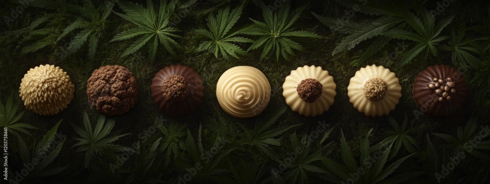 Fototapeta premium Close-Up of Cannabis-Infused Chocolates with Cannabis Leaves on Dark Background, Edible Cannabis, Gourmet Treats, Wellness, Alternative Medicine, Luxury Confectionery