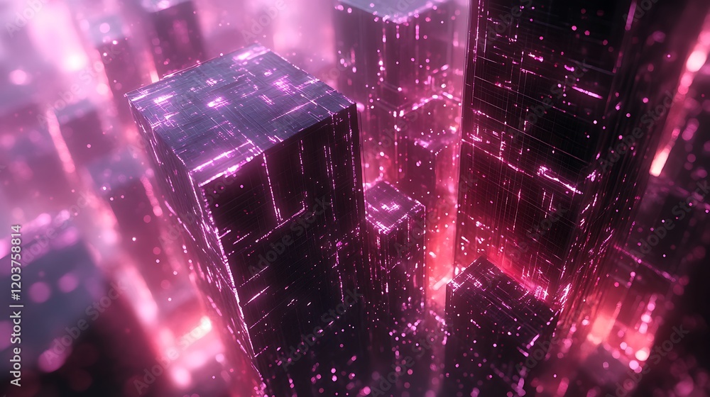 Cyberpunk Cityscape: A mesmerizing digital rendering of a futuristic city, where towering, glowing purple and crimson structures pierce a hazy, neon-lit atmosphere.