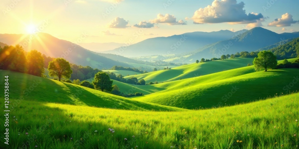 Serene Sunset Over Rolling Green Hills and Lush Meadows, Bathed in Golden Hour Light Serene Sunset Over Rolling Green Hills and Lush Meadows, Bathed in Golden Hour Light