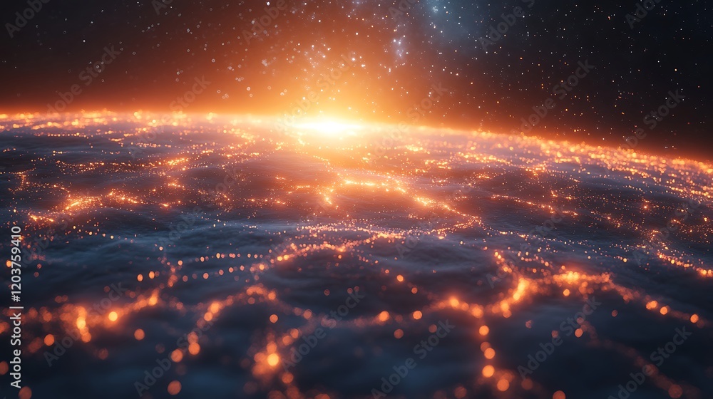 Cosmic Dawn: A breathtaking view of a planet bathed in the golden glow of a rising sun, with twinkling lights scattered across its surface like stars. Cosmic Dawn: A breathtaking view of a planet bathed in the golden glow of a rising sun, with twinkling lights scattered across its surface like stars.