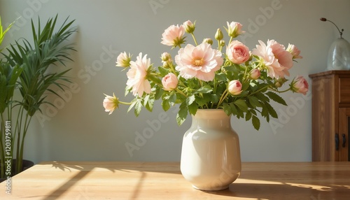 Wallpaper Mural Beautiful bouquet of pink flowers in a white vase on a wooden table Torontodigital.ca