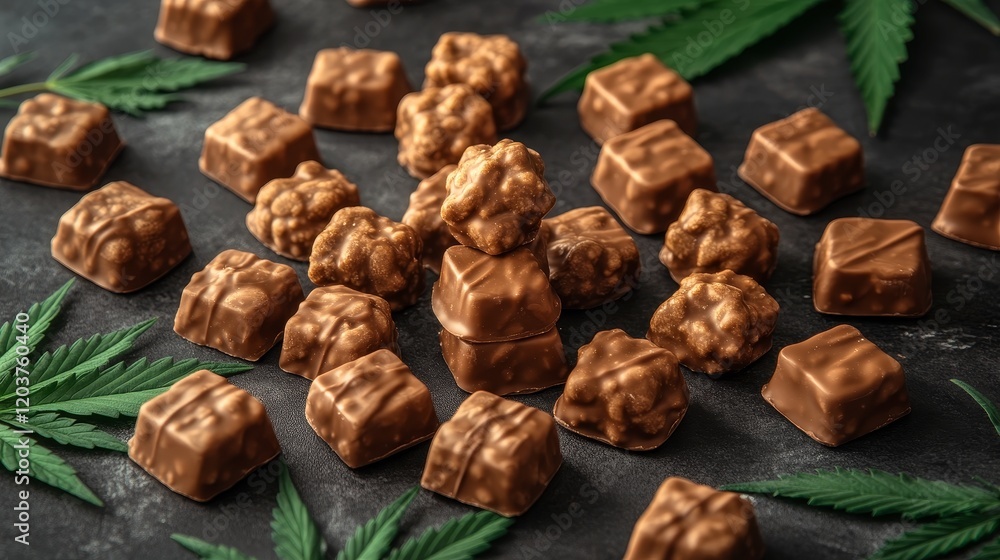 Obraz premium Close-Up of Cannabis-Infused Chocolates with Cannabis Leaves on Dark Background, Edible Cannabis, Gourmet Treats, Wellness, Alternative Medicine, Luxury Confectionery