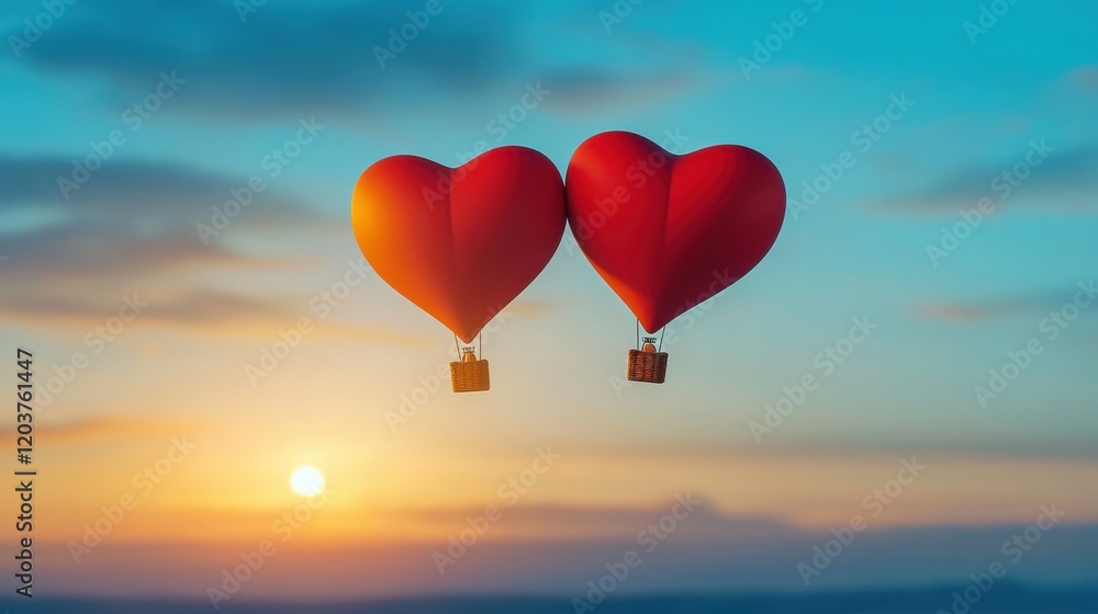 Romantic Heart-Shaped Hot Air Balloons in the Sky During a Colorful Sunrise Over a Scenic Horizon Capturing Love and Adventure Togetherness Romantic Heart-Shaped Hot Air Balloons in the Sky During a Colorful Sunrise Over a Scenic Horizon Capturing Love and Adventure Togetherness