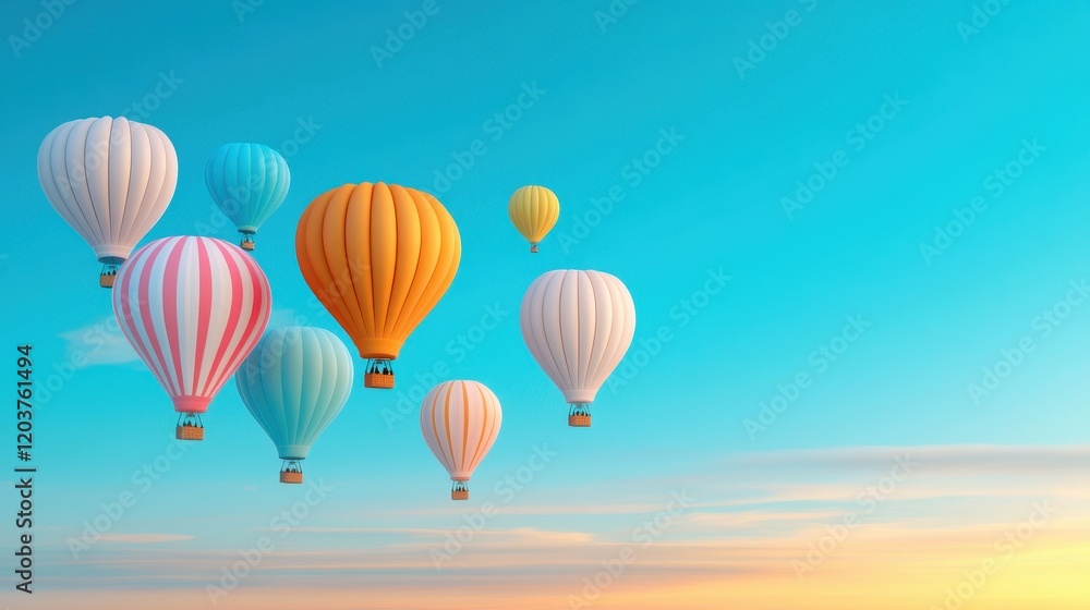 Obraz premium Colorful Hot Air Balloons Floating Gracefully Against a Clear Blue Sky at Sunrise Surrounded by Wispy Clouds in a Picturesque Scenic Landscape