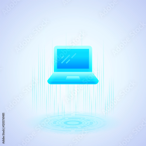 Business icon depicting a glowing blue laptop with a screen and keyboard. The laptop is stylized with a futuristic design, emphasizing its modern and digital nature