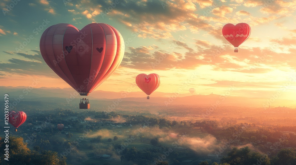 Obraz premium A Valentine's Day themed hot air balloon ride, with heart-shaped balloons soaring high above a scenic landscape