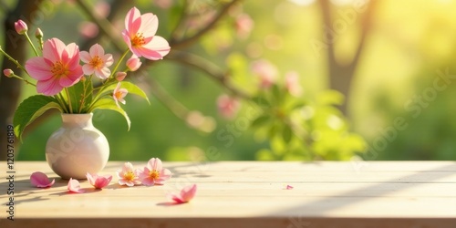 A delicate bouquet of pink blossoms in a simple vase, resting on a light wooden surface, bathed in warm sunlight against a soft-focus natural backdrop