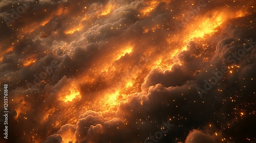 Inferno Nebula: A fiery celestial phenomenon, a nebula ablaze with incandescent orange and yellow hues, swirling clouds of cosmic dust and gas ignite the darkness. photo