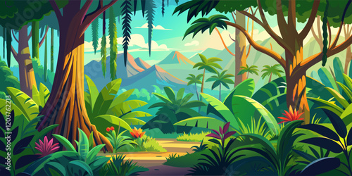 Serene Jungle View with Tall Trees and Distant Mountains. photo