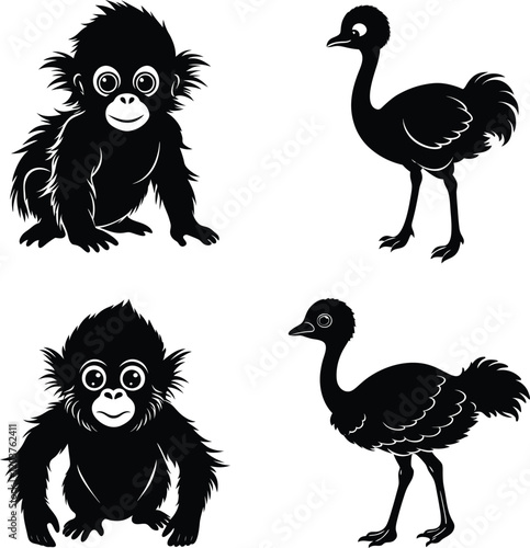 A cute baby Orangutan and Ostrich silhouette illustration.