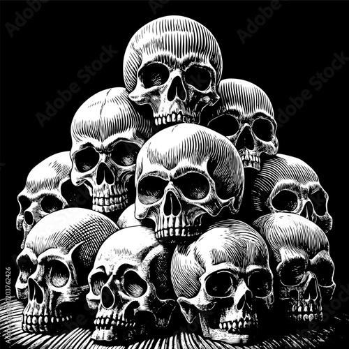 Dark Pile of Human Skulls Illustration in Black and White Style.