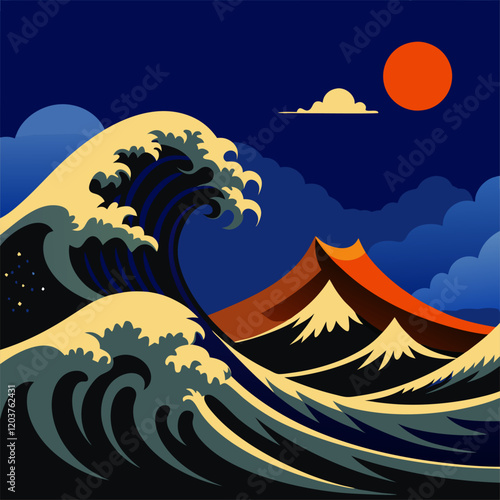 Huge Wave Surging Towards Mountain Peaks with Setting Sun.