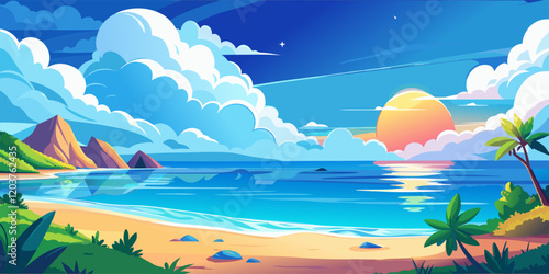 Tropical beach with palm trees and rocks at sunset.