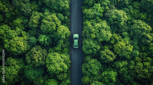 Aerial view of green car on forest road surrounded by lush green trees