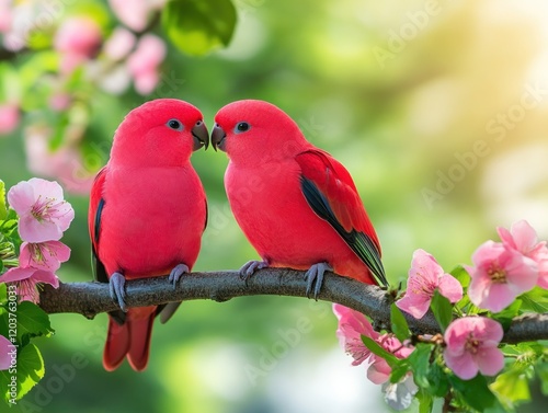 A pair of lovebirds perched close together on a branch, displaying affection and bond in a peaceful natural setting. photo