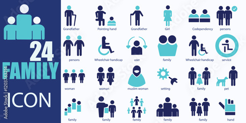 family icon set. Featuring detailed illustrations of people, team, partnership, success and more. Vector illustration. Easily changes to any color.  Cohesive set of scalable vector icons.