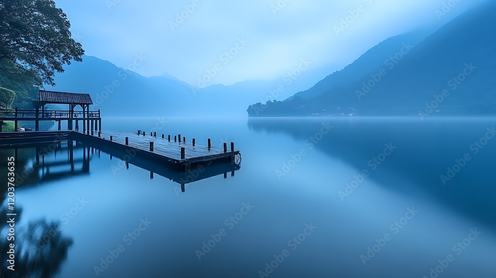 Misty Morning Serenity: A wooden pier extends into a serene, misty lake, surrounded by rolling hills, creating a calming and ethereal atmosphere. Misty Morning Serenity: A wooden pier extends into a serene, misty lake, surrounded by rolling hills, creating a calming and ethereal atmosphere.