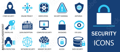 Security icon set. Featuring detailed illustrations of safety, insurance, data protection, detector, sensor, locked, password and cybersecurity icon. Cohesive set of scalable vector icons.