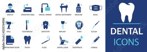 Dental icon set. Featuring detailed illustrations of tooth, dentist, toothpaste, toothbrush, implant and dentistry icons. Cohesive set of scalable vector icons.