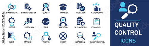 Quality control icon set. Featuring detailed illustrations of inspection, evaluation, product, quality assurance, process, testing and more. Cohesive set of scalable vector icons.