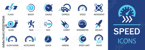 Speed icon set. Featuring detailed illustrations of fast, slow, movement, productivity, indicator, turbo, speeding, gauge, express and speedometer icons. Cohesive set of scalable vector icons.