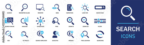 Search icon set. Featuring detailed illustrations of magnifying glass, find, research, SEO and investigate icons. Solid  Cohesive set of scalable vector icons.