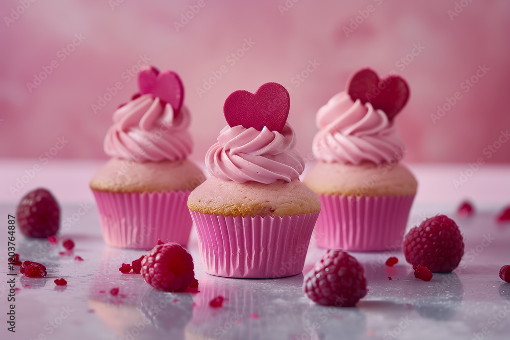 Three pink cupcakes with heart shaped frosting and raspberries on a light background Three pink cupcakes with heart shaped frosting and raspberries on a light background
