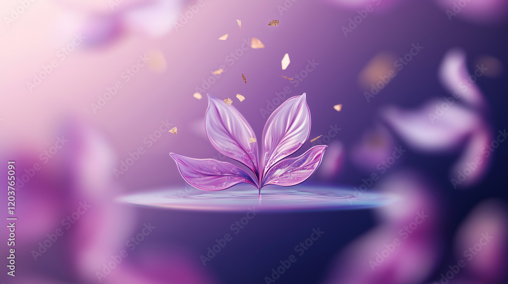 Serene purple petals float on a calm surface, gold flecks dancing around them. Serene purple petals float on a calm surface, gold flecks dancing around them.