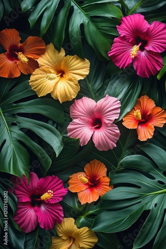 Wallpaper Mural  Tropical flower frame featuring vibrant hibiscus blooms and monstera leaves arranged in a bold rectangular design, perfect for summer-themed decor or invitations. Torontodigital.ca