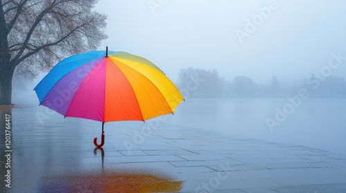 A brightly colored umbrella set against a gray overcast sky with rain.