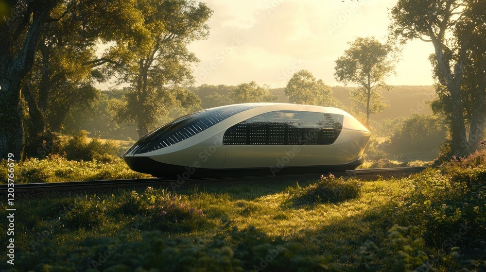 Futuristic solar-powered train on scenic railway. Futuristic solar-powered train on scenic railway.