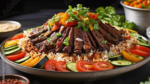 A vibrant food shot on a platter features sliced meat, vibrant rice, and crisp vegetables, such as zucchini and carrots, enhanced by fresh cilantro