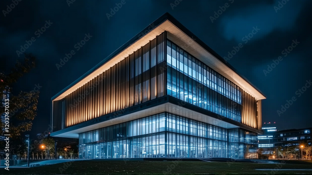 modern office building illuminated at night with glowing windows, modern office building illuminated at night with glowing windows,