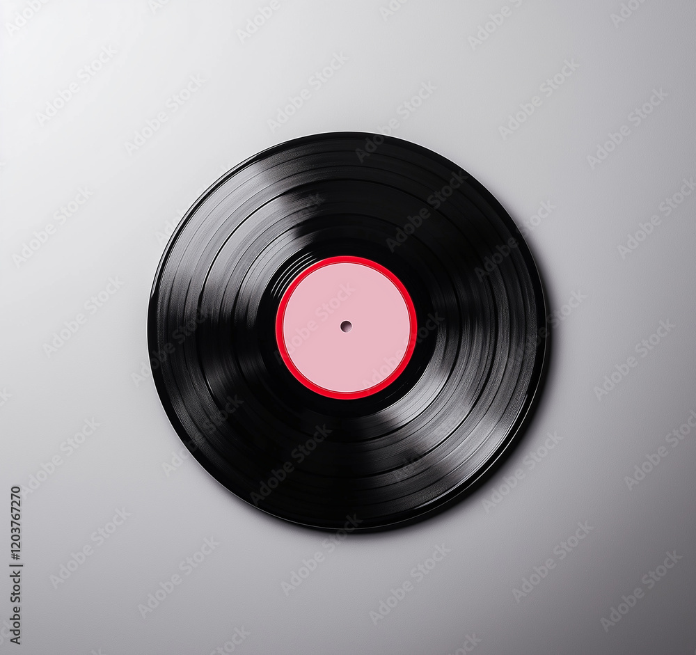 Fototapeta premium Black vinyl record with red label, isolated on light background, showcasing its classic design and texture. Perfect for music lovers and collectors