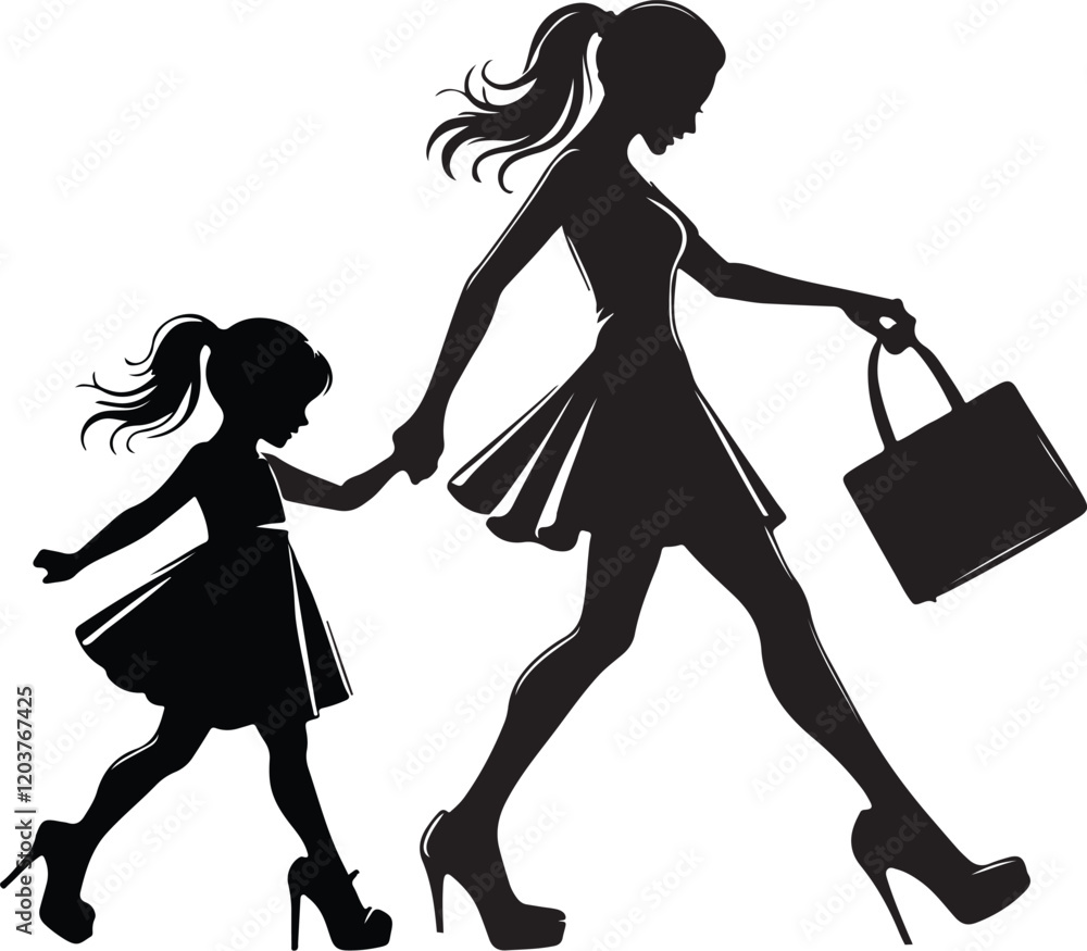 Mother and Daughter Walking Silhouette Vector Illustration - Elegant Family Bond Artwork Mother and Daughter Walking Silhouette Vector Illustration - Elegant Family Bond Artwork