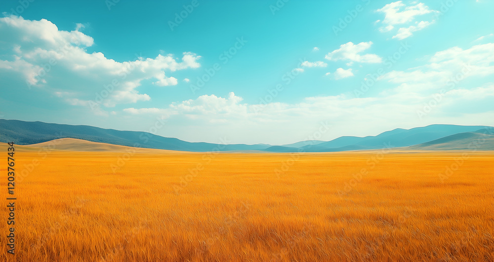 Obraz premium Wide shot of a clear blue sky above an endless field of yellow grass.