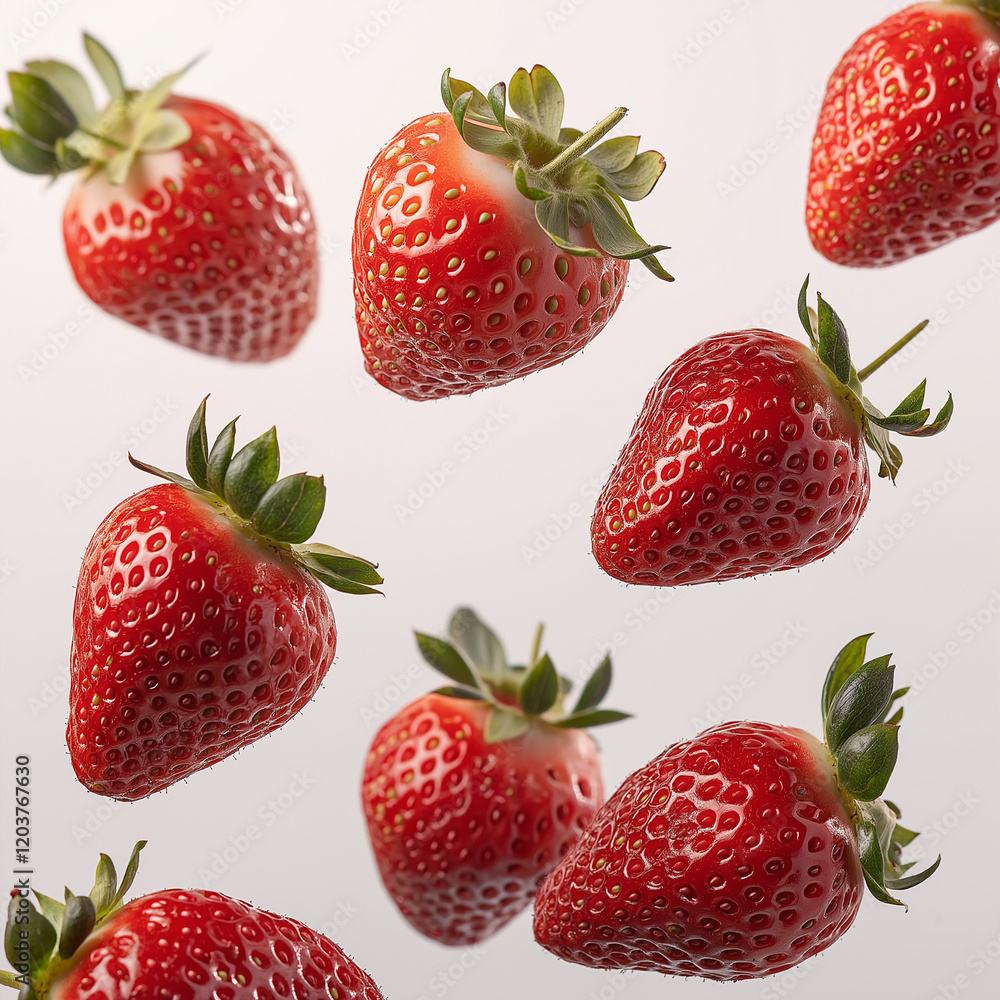 Falling strawberries on white background create vibrant and fresh scene. juicy red fruit showcases its texture and natural shine, evoking sense of summer delight Falling strawberries on white background create vibrant and fresh scene. juicy red fruit showcases its texture and natural shine, evoking sense of summer delight