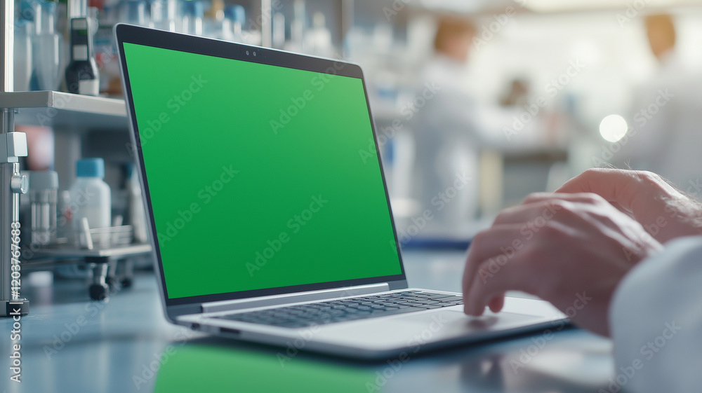 green screen laptop on laboratory table, showcasing modern workspace. background features laboratory equipment and researchers, creating professional atmosphere green screen laptop on laboratory table, showcasing modern workspace. background features laboratory equipment and researchers, creating professional atmosphere
