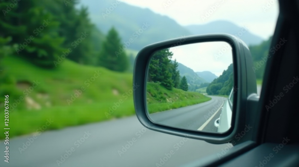 Serene Mountain Road Reflected in a Car's Side Mirror During a Scenic Drive Serene Mountain Road Reflected in a Car's Side Mirror During a Scenic Drive