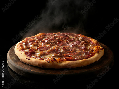 Hot big pepperoni pizza tasty pizza with steam smoke