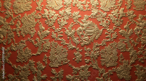 ornate silk brocade texture with gold embroidery