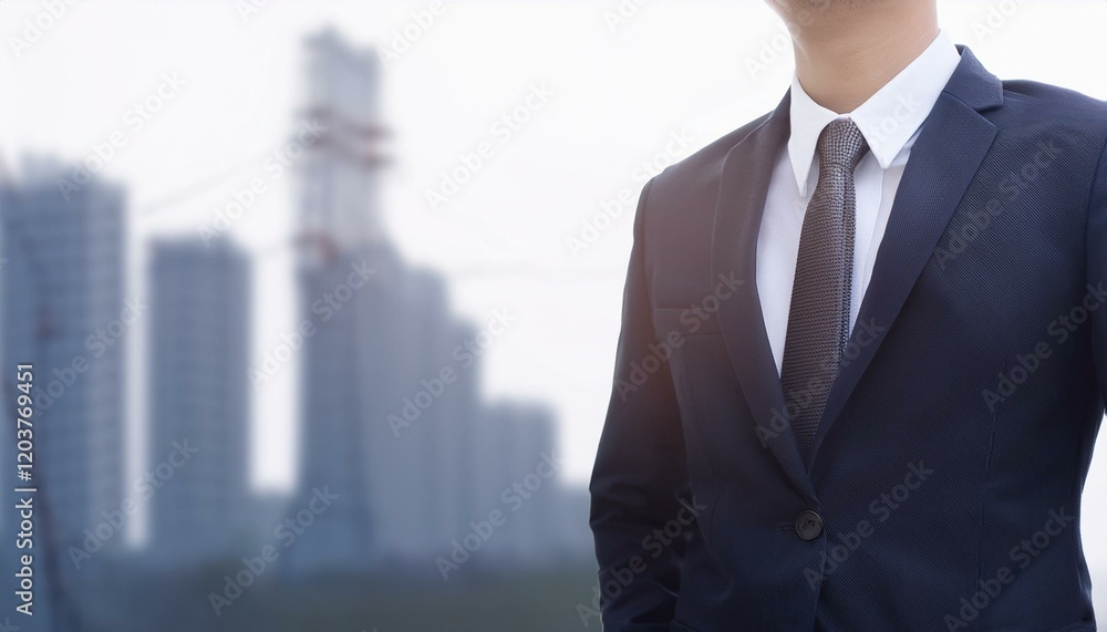 정장을 입은 흐릿한 남성의 몸통 뒷배경에 입체적인 전력 건물과 송전선이 보인다 정장을 입은 흐릿한 남성의 몸통 뒷배경에 입체적인 전력 건물과 송전선이 보인다