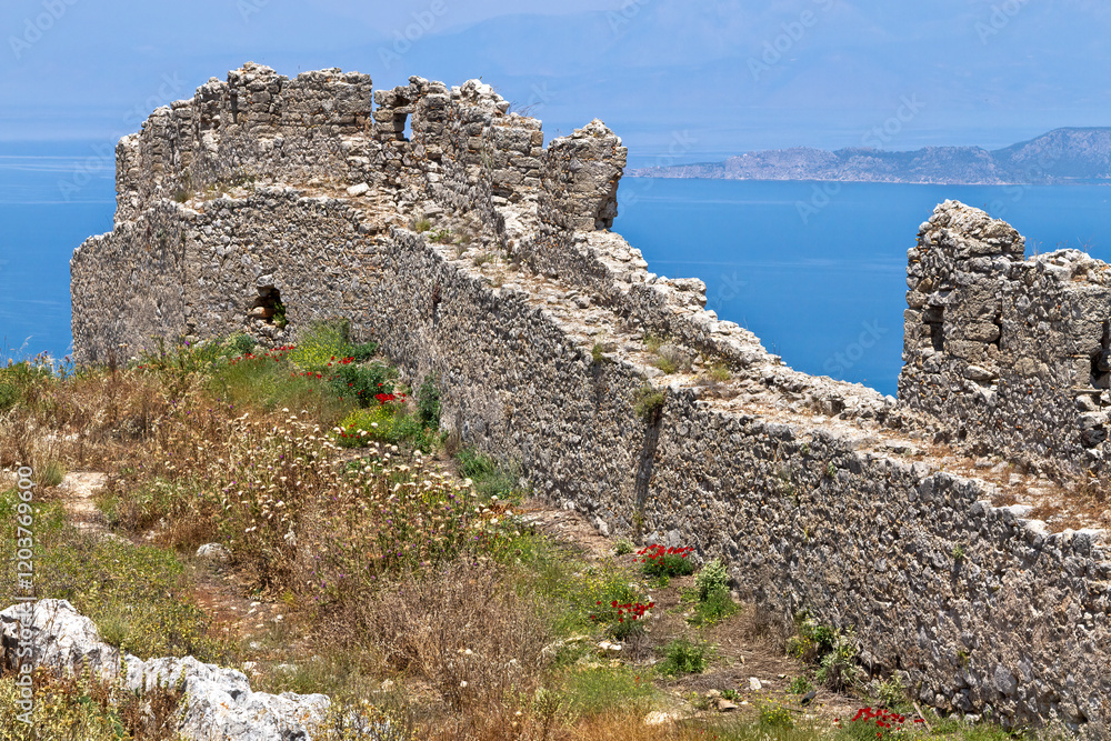 Generated imageAcrocorinth castle, Greece. Acrocorinth was fortified during the antiquity. The castle that is now to be seen was constructed during byzantine era.