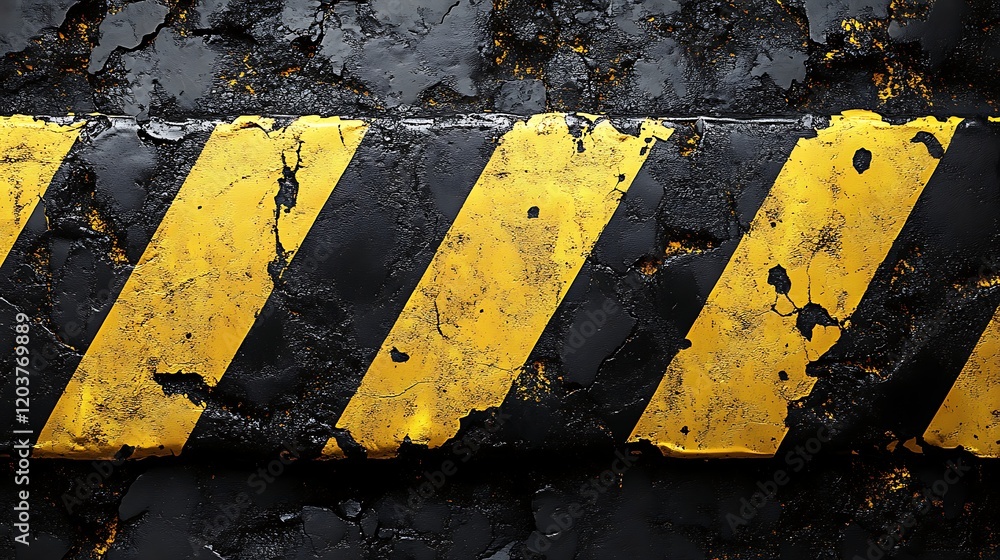 Naklejka premium Cautionary Stripes: Close up, gritty texture of faded yellow and black warning stripes on weathered asphalt, conveying a sense of caution and danger. 