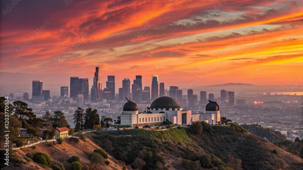 Fototapeta premium Los Angeles Sunset Skyline: Golden Hour Panoramic Cityscape