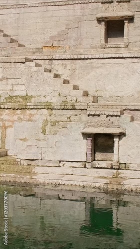 Water storage inside Toorji Ka Jhalra Baoli and stepwell - one of water sources in Jodhpur, Rajasthan, India. Sunny day, water ripples reflect walls of the pool. Camera horizontal pan photo