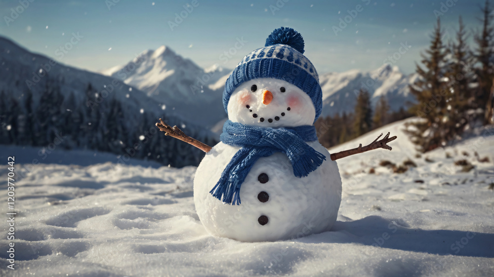 © Mica - Winter Snowman, Cheerful snowman in Blue knit Hat and Scarf stands proudly amidst picturesque winter landscape, With Snow-capped mountains and evergreen trees as Backdrop. Snowman on Winter Background © Mica - Winter Snowman, Cheerful snowman in Blue knit Hat and Scarf stands proudly amidst picturesque winter landscape, With Snow-capped mountains and evergreen trees as Backdrop. Snowman on Winter Background