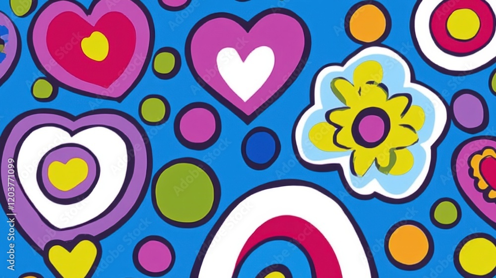Fototapeta premium Vibrant Abstract Art with Hearts, Flowers, and Circles on Blue Background.