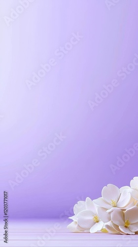 A serene, pastel purple background features delicate white flowers, creating a calming and elegant atmosphere.